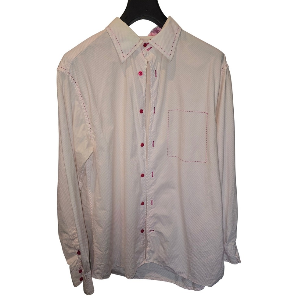Tulliano Mens XL Pink White Striped Button Down Shirt Cotton Contrast‎ Stitching